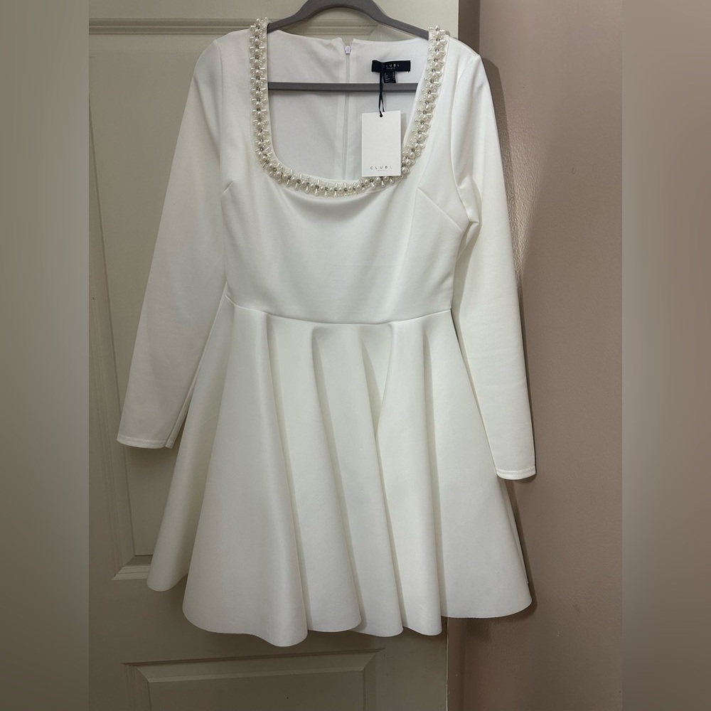 Chic White Long Sleeve Dress with Pearl Accents